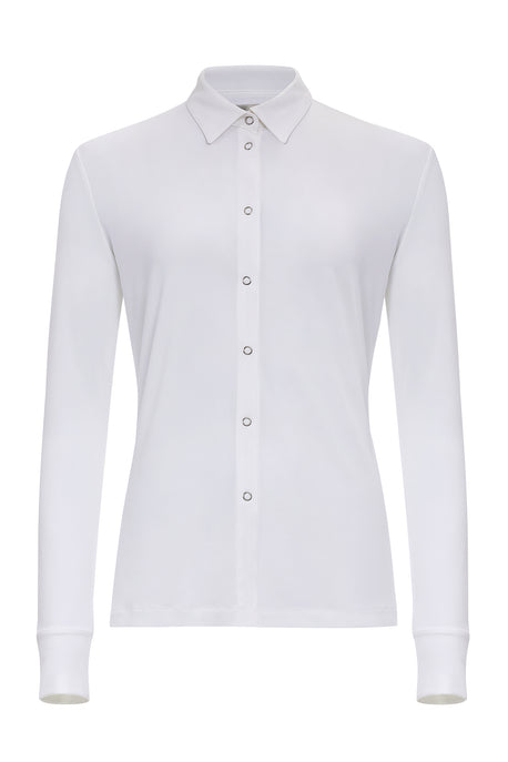 The Best Travel Top. Flat Lay of a Danica Snap On Super Jersey Top in White