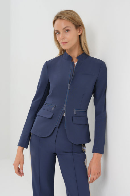 Studio Image of model wearing the Gisela Aeroflow Zip Front Twill Blazer