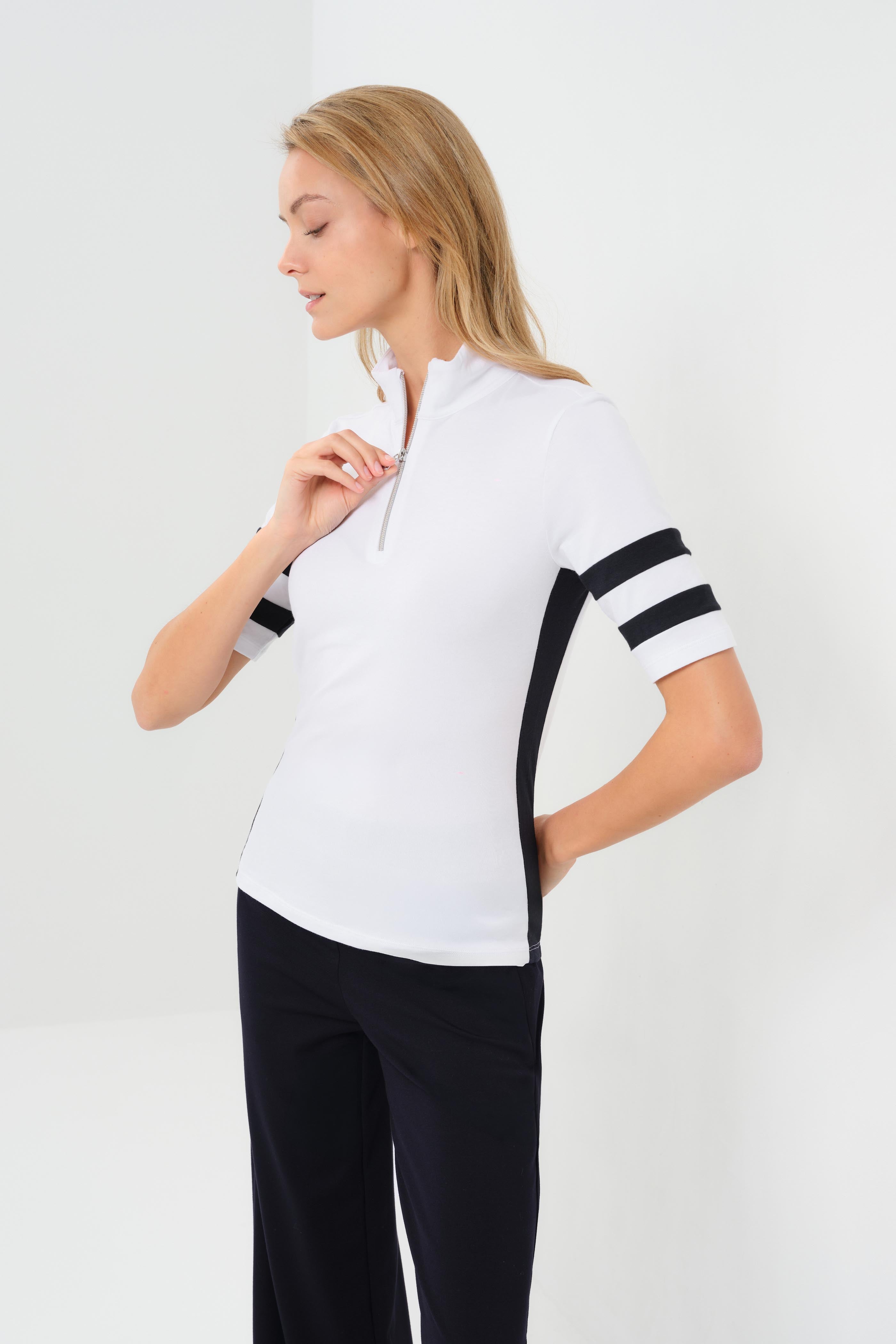 Serena Sport Striped Zip-Up Short Sleeve Top