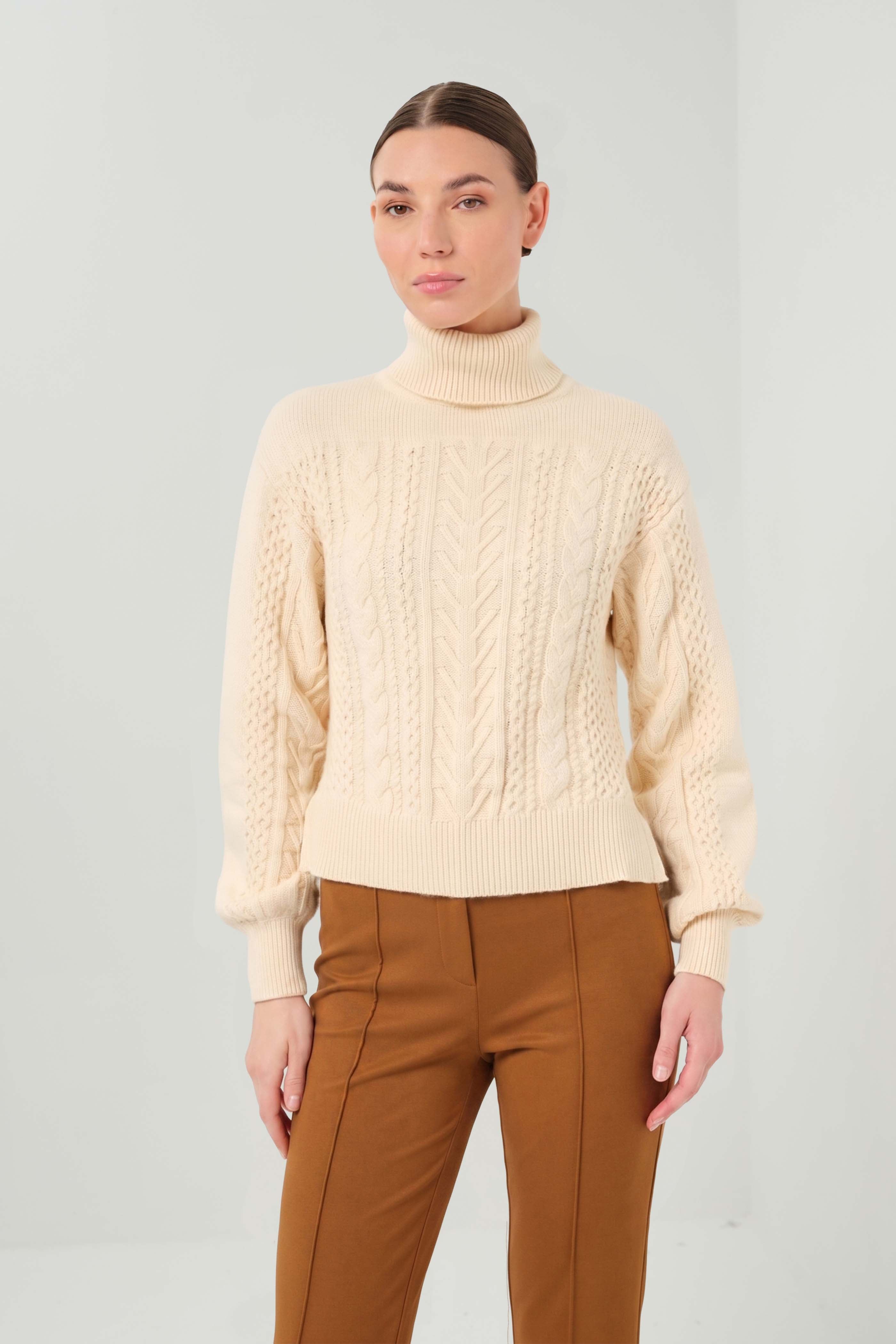 Wabi Mix Sweater Mixed-Stitch Cableknit Turtleneck