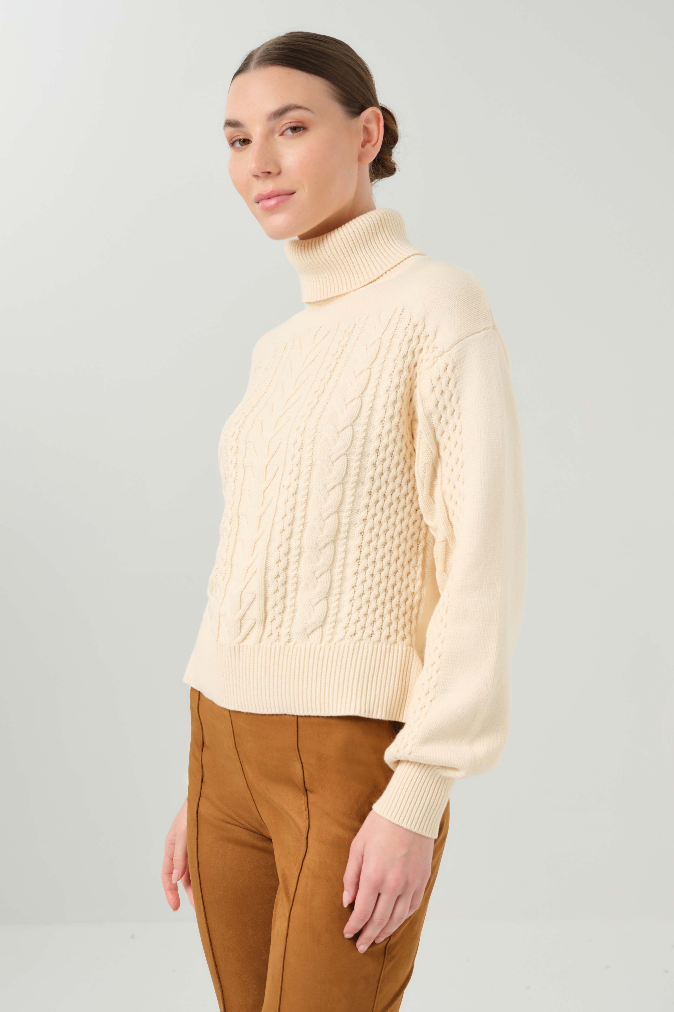 Wabi Mix Sweater Mixed-Stitch Cableknit Turtleneck