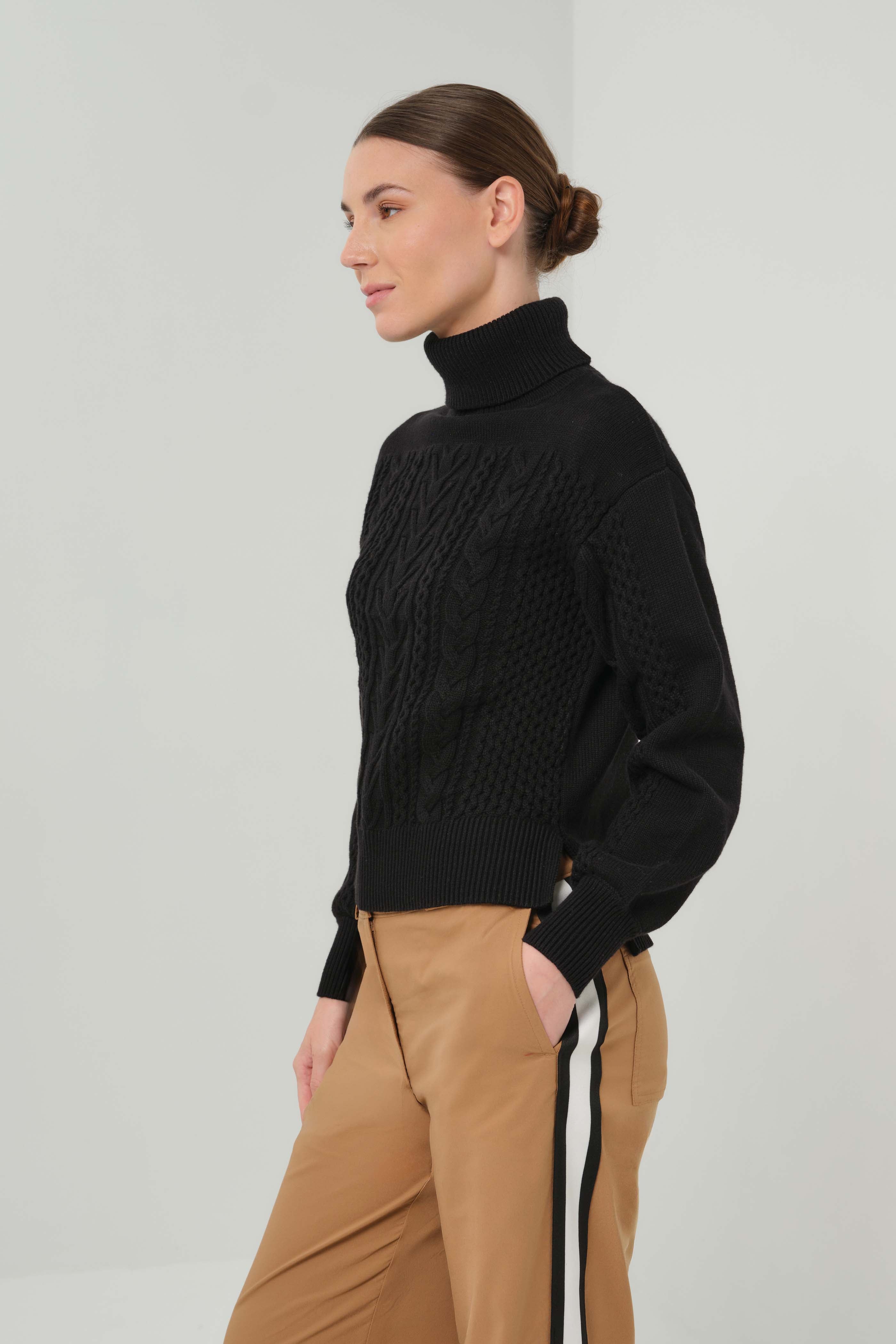 Wabi Mix Sweater Mixed-Stitch Cableknit Turtleneck