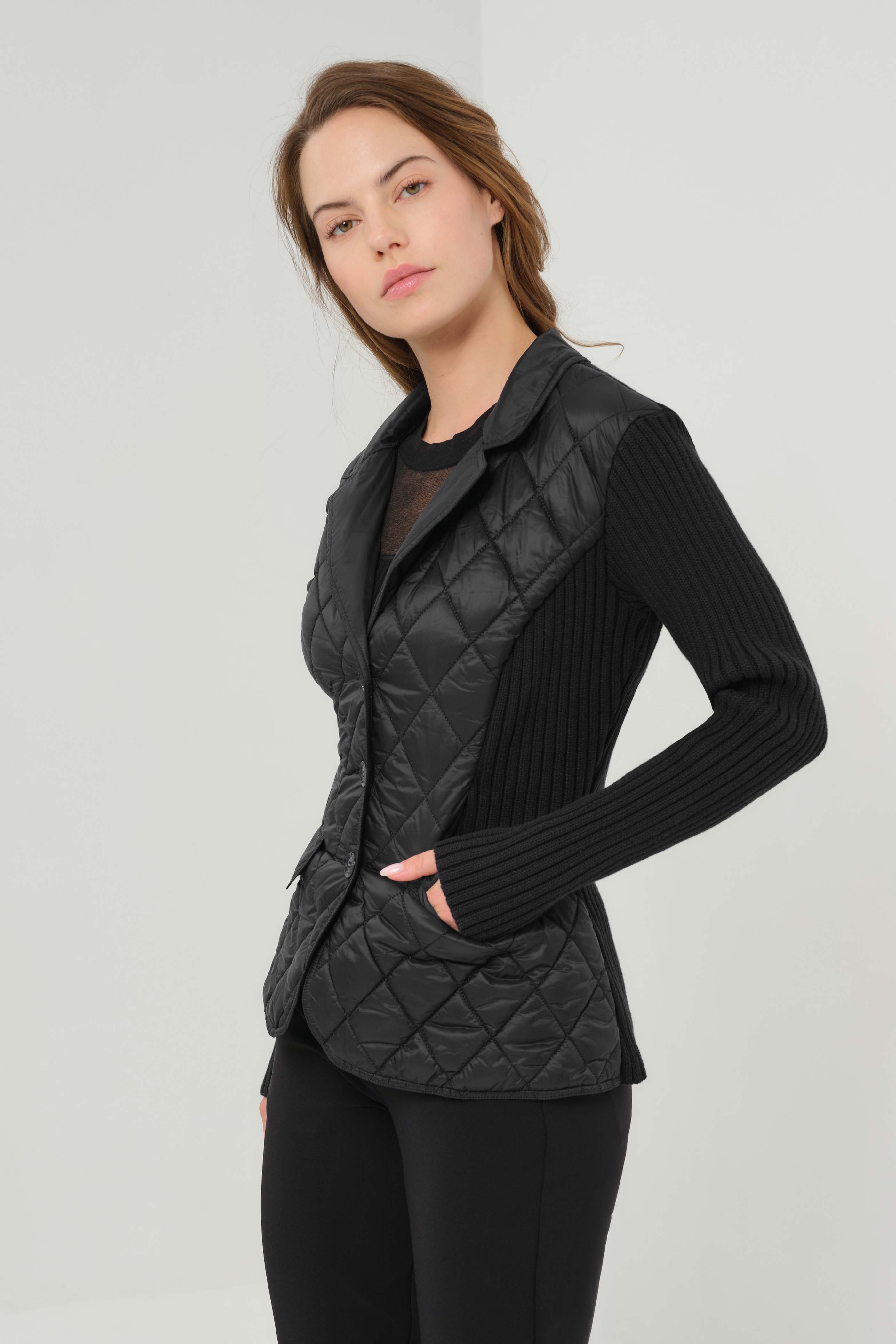 Sora Mixed Media Quilted Front 3-Button Blazer