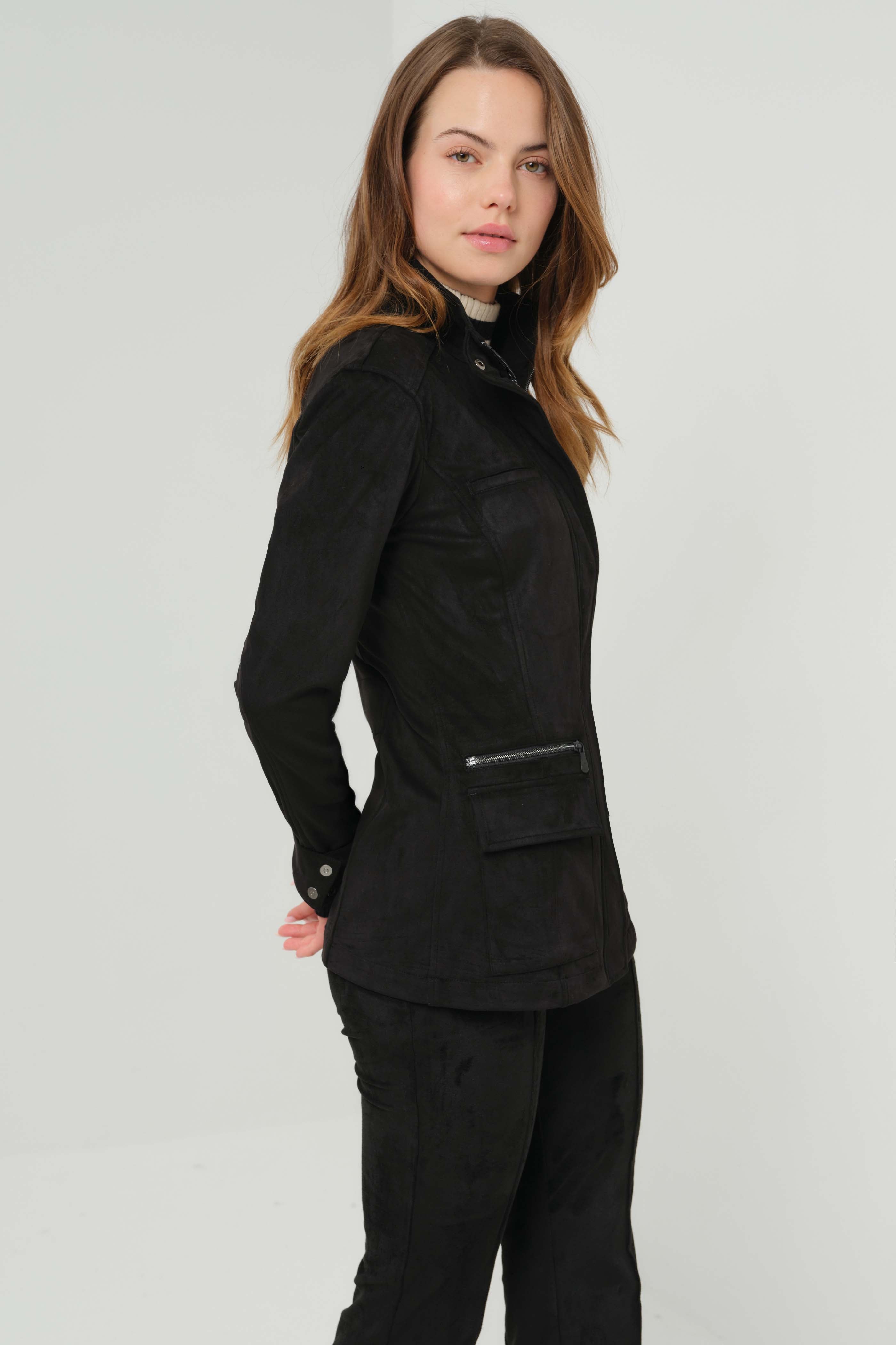 Kenya Faux Suede Safari Jacket in Black
