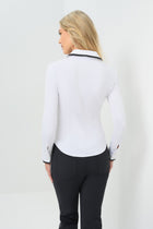 Back view white long-sleeve zip-front blouse featuring a contrasting black trim along the collar, zipper placket, and cuffs.