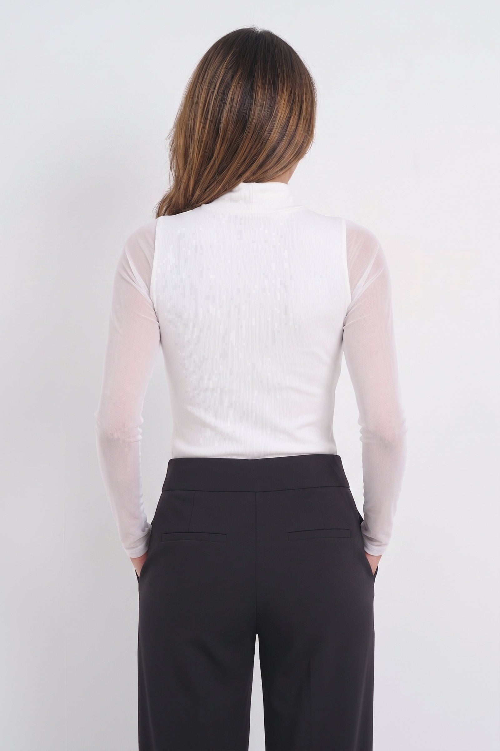 Luna Long Sleeve Mixed Media Turtleneck with Transparent Sleeve