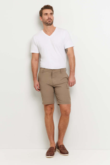 The Best Travel Shorts. Man Showing the Front Profile of a Men's Randy Short in Khaki.