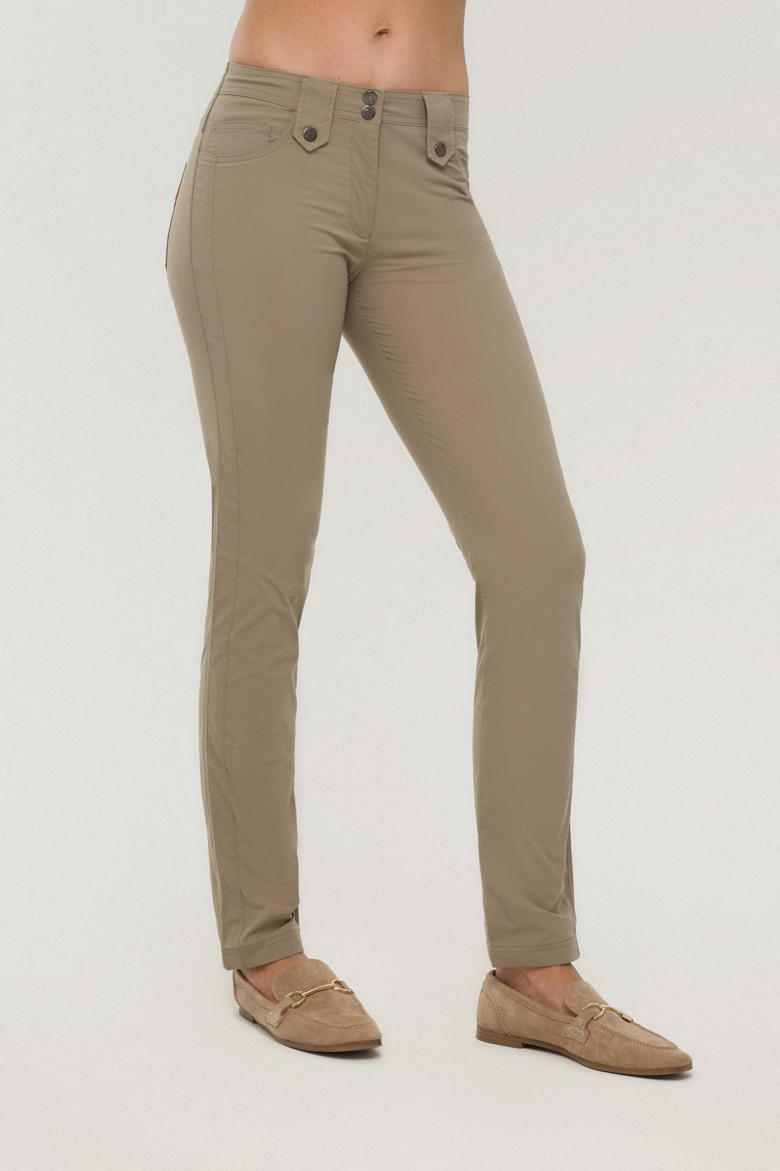 The Best Travel Pants. Front Profile of the Skyler Travel Pant in Khaki