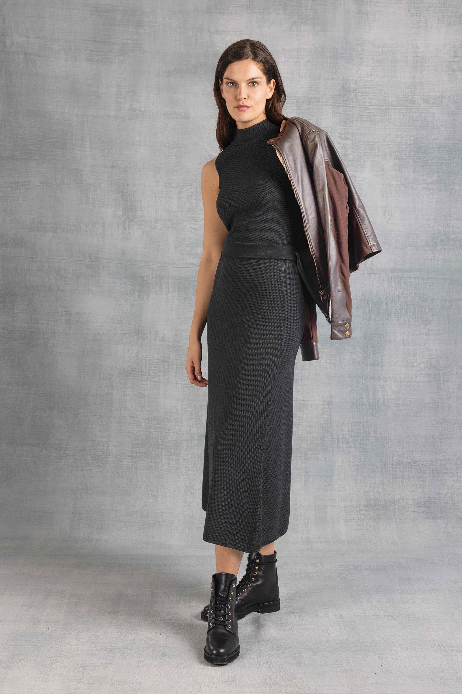 Mandarin Textured Sweater Midi Skirt