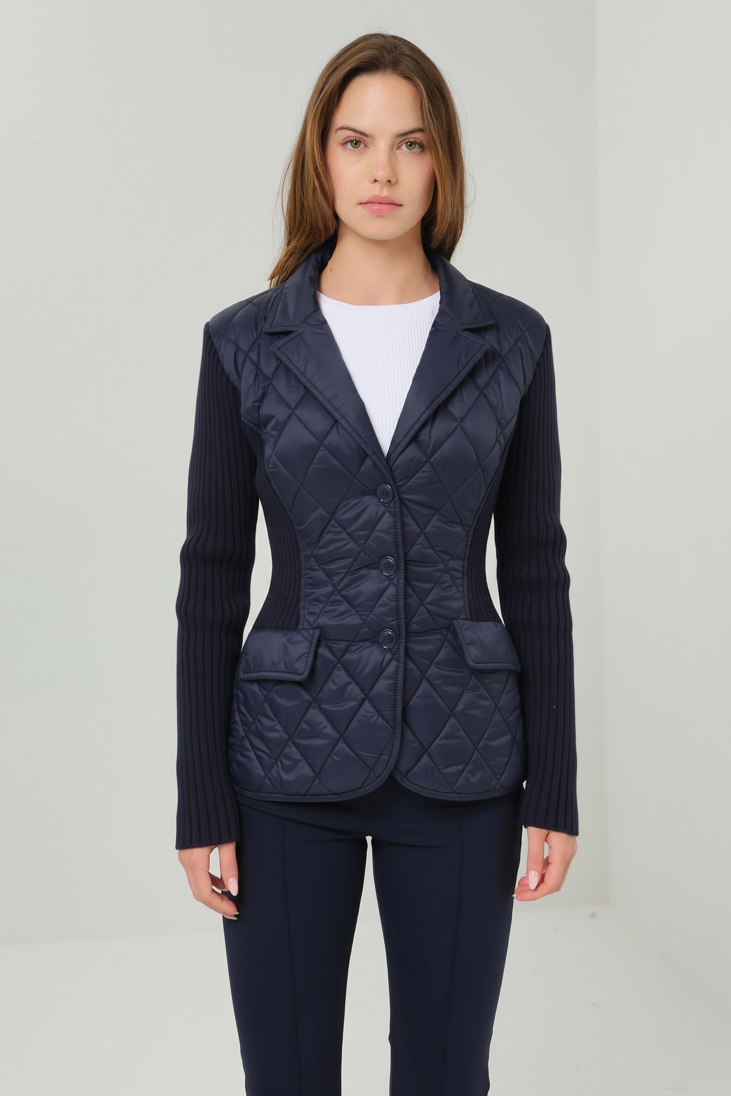 Sora Mixed Media Quilted Front 3-Button Blazer